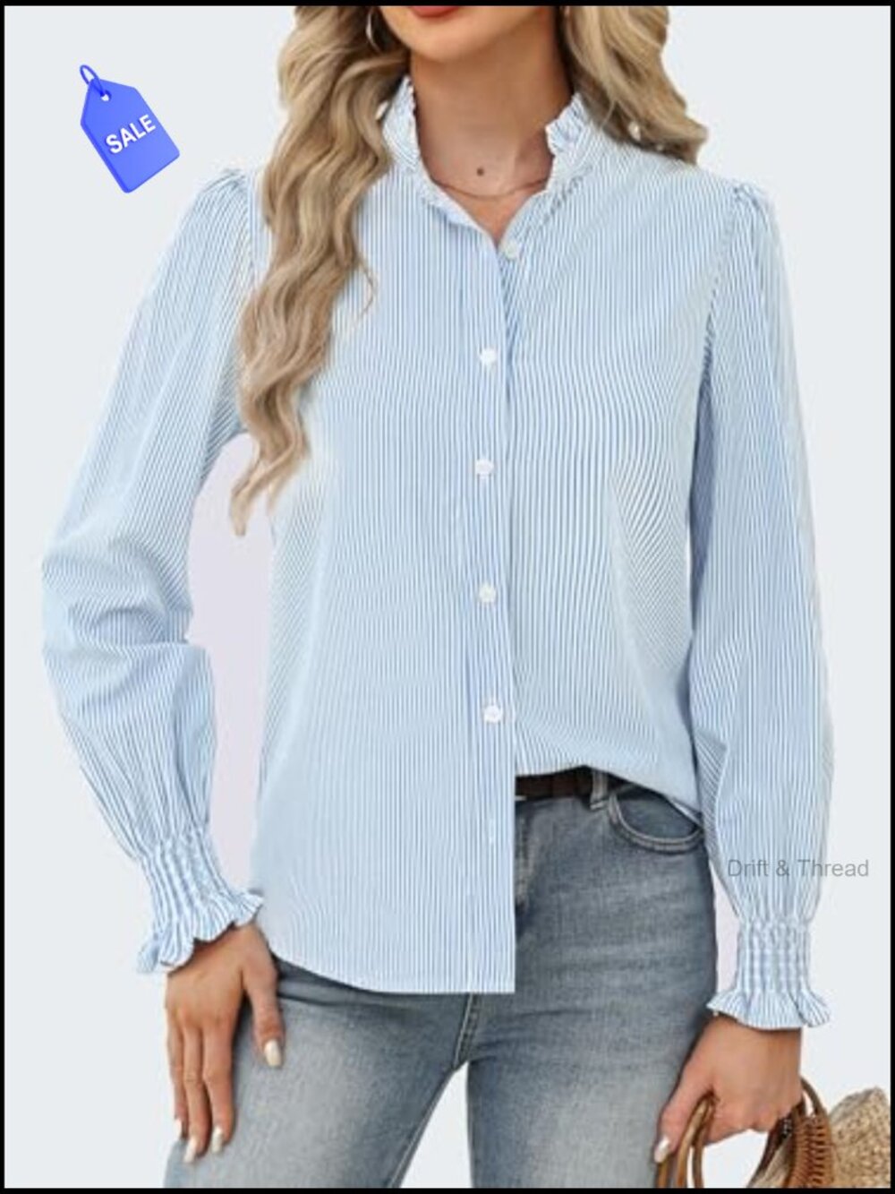 Women's Striped Button Down Shirt Long Sleeve Ruffle Collar Smocked Cuff Blouse - Picture 2 of 7